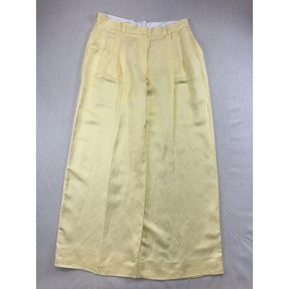 H&M Womens 14 Yellow Linen Blend Wide Leg Pleated Trousers Pants NWT